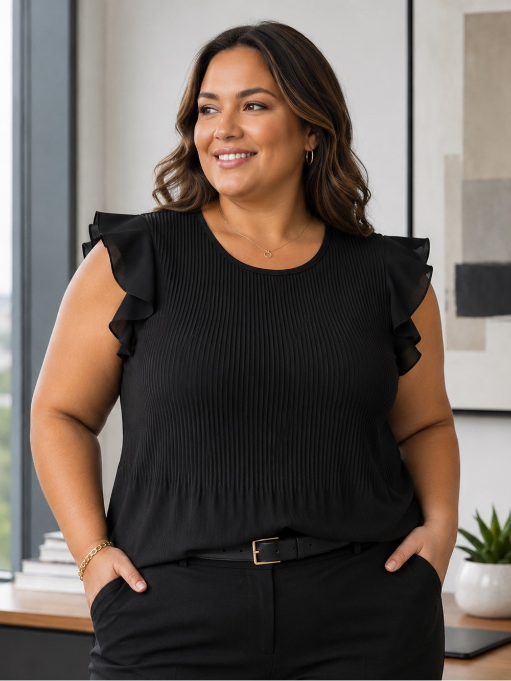 Philosophy Republic Clothing Black Pleated Flutter Sleeve Blouse | XL